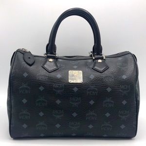 Authentic MCM Black & Gray Leather Boston Handbag